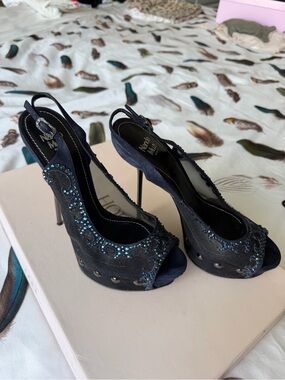 Nando Muzi Navy Blue Embellished Peep-Toe Slingback Heels